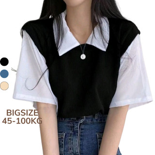 45-100KG Áo Polo Tay Ngắn Bigsize Giả 2 Lớp Tay Ngắn Dáng Rộng Cho Nữ