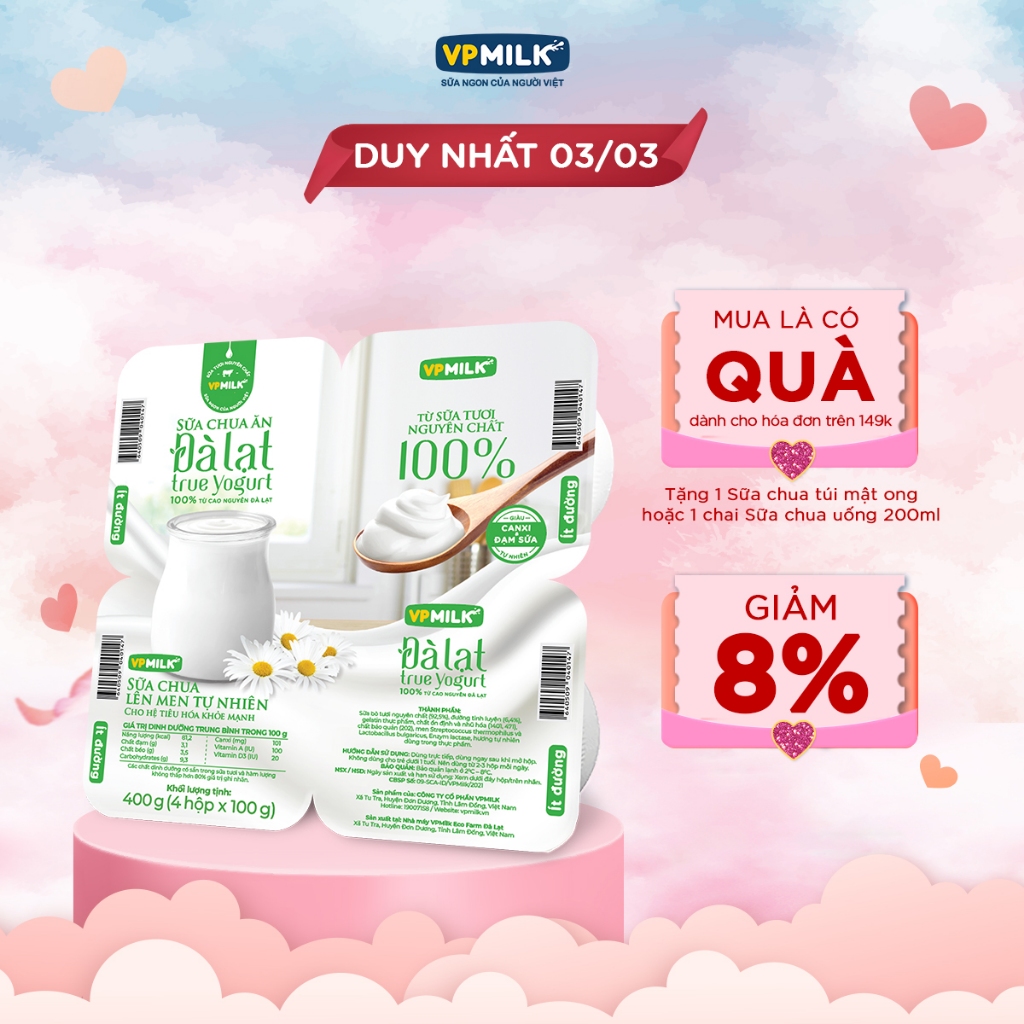 [CHỈ GIAO 2 GIỜ TẠI TP. Hồ Chí Minh] (Lốc 4 hộp) Sữa chua ăn VPMilk Đà Lạt True Yogurt - ít đường