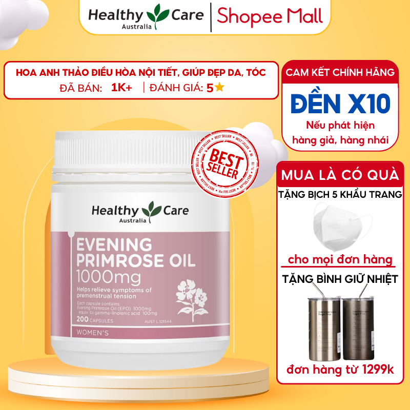 Tinh dầu hoa anh thảo Úc Evening Primrose Oil 1000mg Healthy Care điều hòa nội tiết, giúp đẹp da, tóc, móng 200 viên