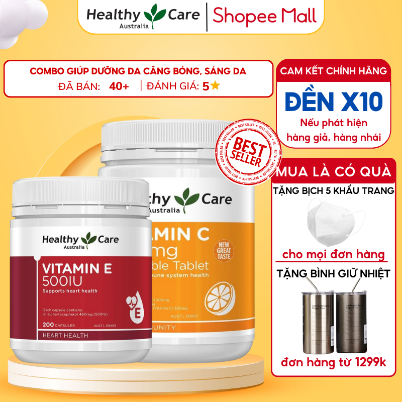 Combo Viên nhai Vitamin C 500mg Healthy Care và Viên uống Vitamin E giúp dưỡng da căng bóng, sáng da 500IU 200 viên