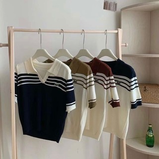 Áo POLO len mongtoghi cổ V sọc ngang thêu Crocodiles form vừa