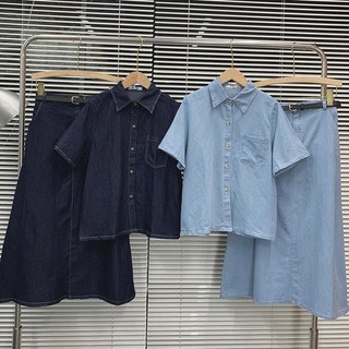 Set áo jeans giấy cộc tay cổ bẻ + chân váy jeans suông kèm belt form vừa