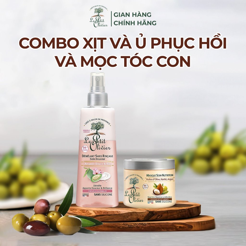 Combo Xịt Dưỡng Làm Mềm Tóc 150ml và Kem Ủ Phục Hồi Tóc Hư Tổn 330ml Le Petit Olivier