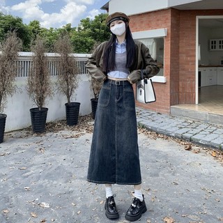 Chân váy jean dài chữ A xẻ tà MIAA lưng cao phong cách Hàn Quốc, Váy jean dáng dài cạp cao thanh lịch màu RETRO HOT 2023