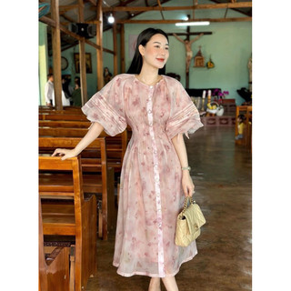 Đầm hồng tơ hoa tay bồng dáng dài nữ tính