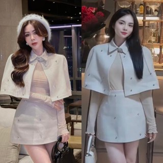 [Ảnh Thật/Video]: Set Váy Dạ Đính Đá 3 Món: Áo Dạ Choàng Cổ Sơ Mi + Áo Len Tăm Co Dãn + Chân Váy A Có Lót Quần Cực Sang