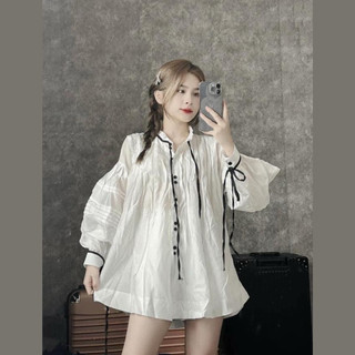 Set áo babydoll trắng xếp ly cột nơ đen short trắng