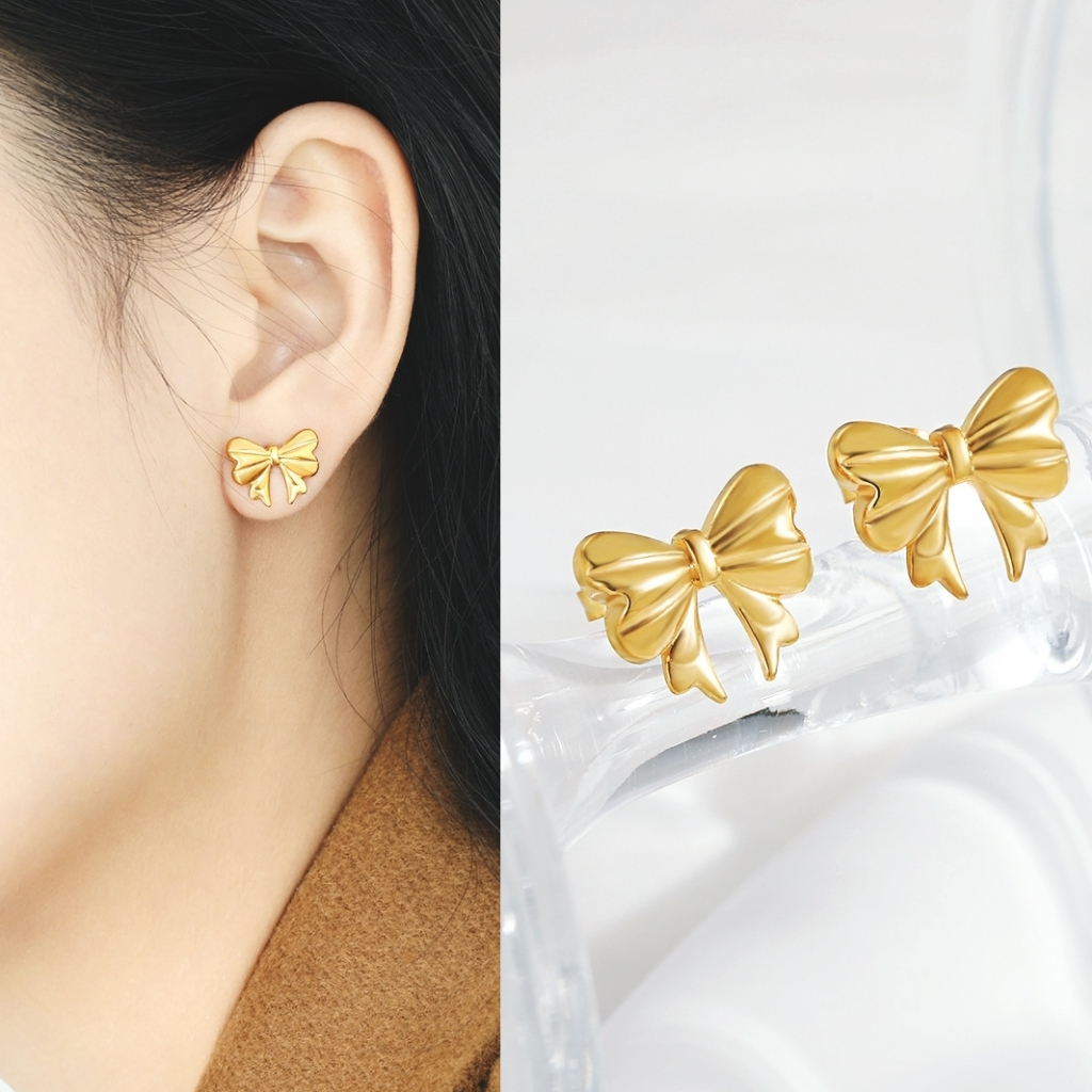 Khuyên tai nữ titan hình chiếc nơ xinh dễ thương sáng màu không gỉ