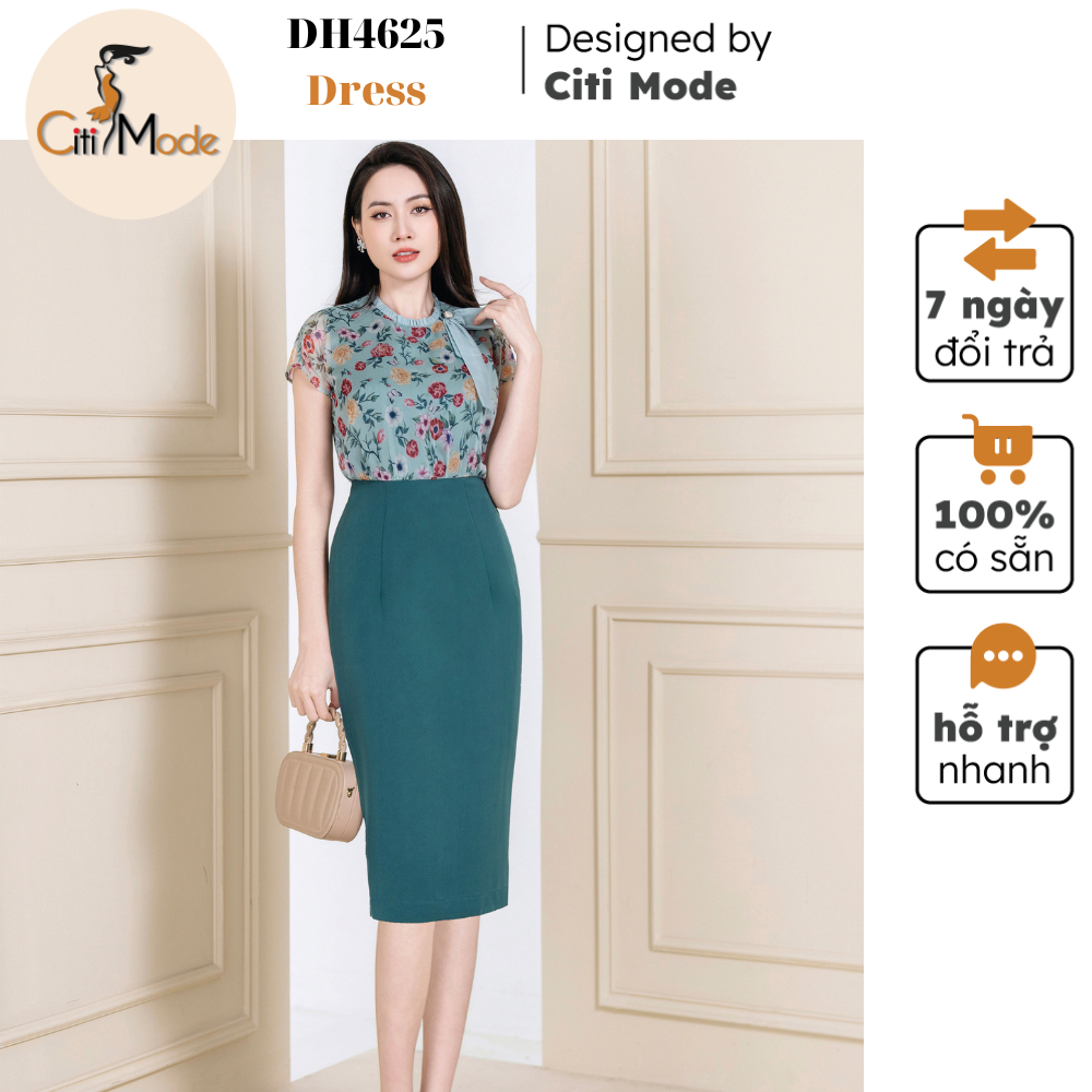 Đầm công sở CITI MODE FASHION thiết kế dáng ôm xanh phối áo hoa xanh cổ nhún DH4625