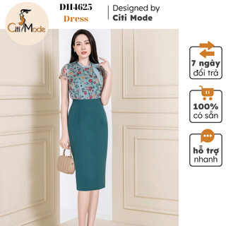 Đầm công sở CITI MODE FASHION thiết kế dáng ôm xanh phối áo hoa xanh cổ nhún DH4625