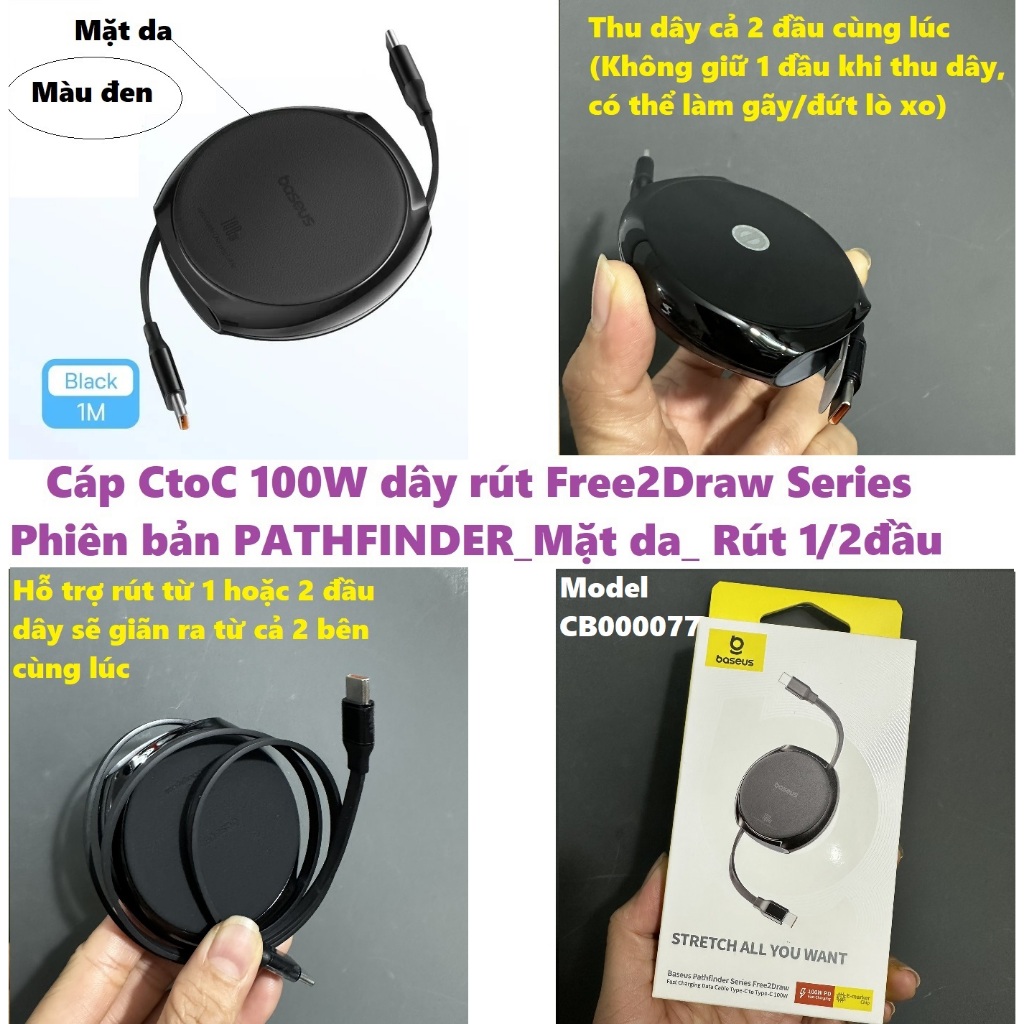 Cáp sạc dây rút C to C 100W cho macbook laptop Baseus  Free2Draw Mini Retractable CB000062