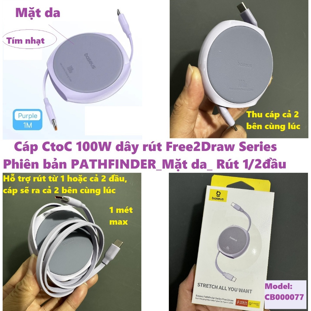 Cáp sạc dây rút C to C 100W cho macbook laptop Baseus  Free2Draw Mini Retractable CB000062