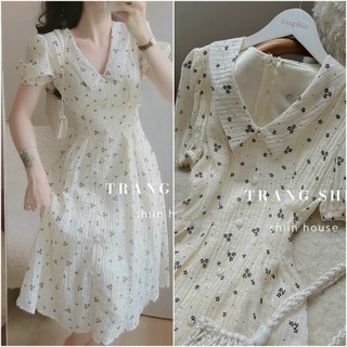 Đầm xốp hoa cổ sơ mi dáng xòe vintage tiểu thư xinh đẹp (có lớp lót trong)