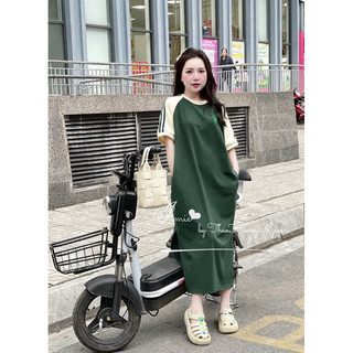 Váy cotton suông phối màu dáng dài mã ot8