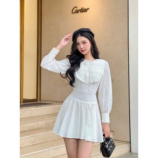 Váy trắng tay dài yếm xếp ly STELLA DRESS - COQUI
