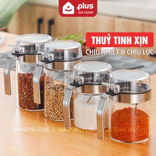 Lọ đựng gia vị thuỷ tinh chịu nhiệt, chịu lực cao cấp - tay cầm và viền inox 304 nắp bật PHALEDO