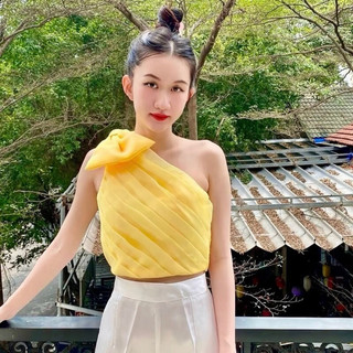 Áo croptop nơ lệch vai von xếp ly