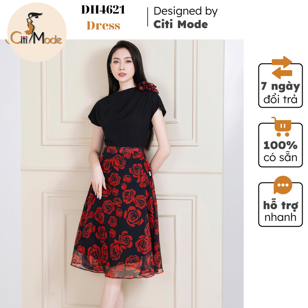 Đầm công sở CITI MODE FASHION thiết kế dáng xoè hoa đỏ phối áo đen tay hến DH4621
