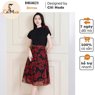 Đầm công sở CITI MODE FASHION thiết kế dáng xoè hoa đỏ phối áo đen tay hến DH4621