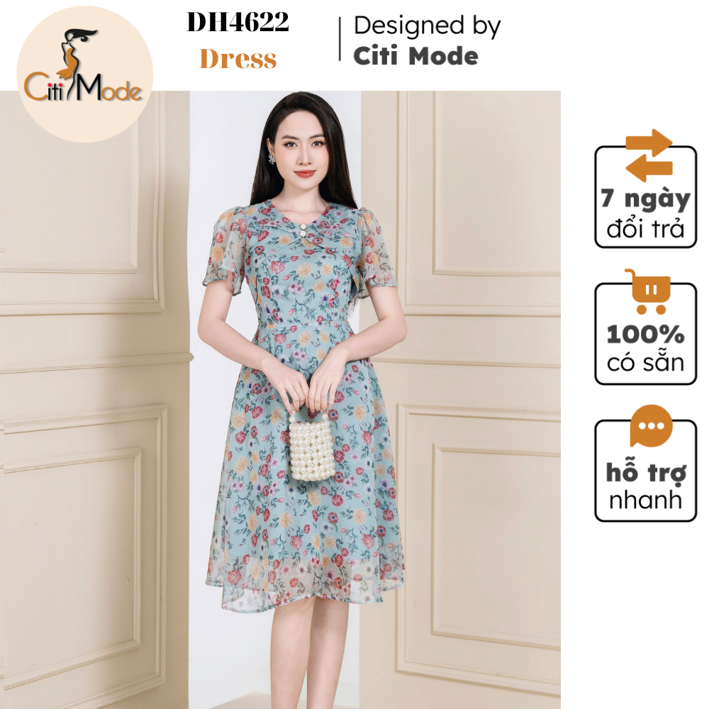 Đầm công sở CITI MODE FASHION thiết kế dáng xoè hoa xanh tay bèo cổ V DH4622