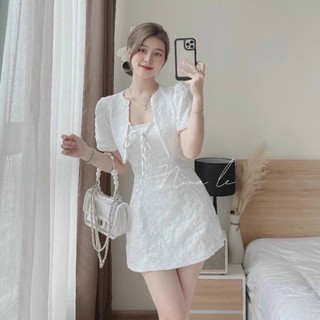 Đầm Váy thời trang đi tiệc sang chảnh chất GẤM HOA mix áo khoác tay bồng Gấm bánh bèo