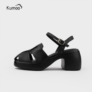 Sandal Cao Gót Nữ Kumoo Màu Đen Da Thật Hack Dáng Đế LugSole 7cm Thời Thượng SDCG-KUMO-010