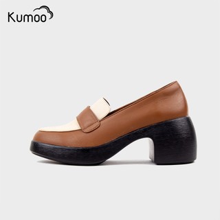 Giày Cao Gót Kumoo Màu Nâu Trắng Chất Da Nappa Dáng Mary Jane Đế Vuông Lug Sole 7cm ALLISHEEL Thời Trang GCG-KUMO-012