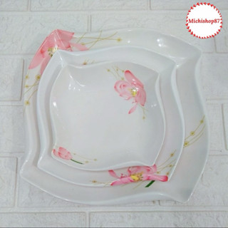 Đĩa nhựa phíp vuông trắng có hoạ tiết 3 size chịu nhiệt tốt đựng đồ ăn, hoa quả loại dầy đẹp