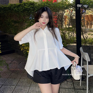 Áo kiểu nữ - áo sơ mi cách điệu form rộng lệch tà chất đũi lì