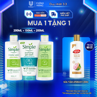 Combo Simple Tẩy trang Micellar 200ml + Sữa rửa mặt 150ml + Nước hoa hồng 200ml ngừa mụn hiệu quả 