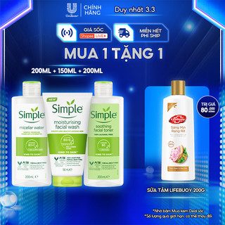 Combo Simple Tẩy trang Micellar 200ml + Sữa rửa mặt 150ml + Nước hoa hồng 200ml sạch sâu hiệu quả 