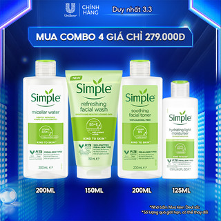 Combo Simple Nước tẩy trang 200ml + Sữa rửa mặt 150ml + Nước hoa hồng 200ml + Sữa dưỡng dạng sữa 125ml