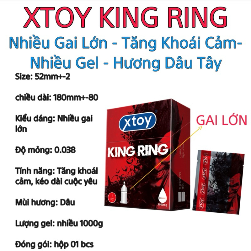 Bao cao su gai XTOY KING RING gai lớn, bcs siêu bi gai, nhiều gel, tăng khoái cảm, hương dâu