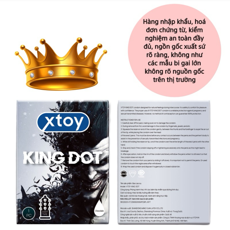 Bao cao su bi XTOY KING DOT 9 bi to, siêu gân gai, nhiều gel bôi trơn, hương chocolate, bcs gai bi