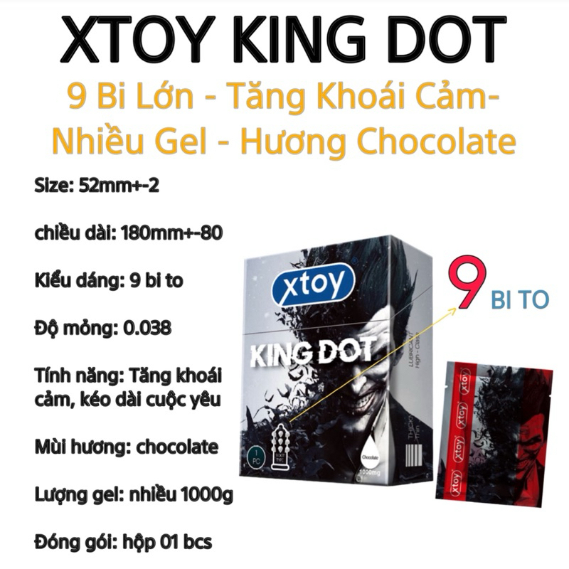 Bao cao su bi XTOY KING DOT 9 bi to, siêu gân gai, nhiều gel bôi trơn, hương chocolate, bcs gai bi
