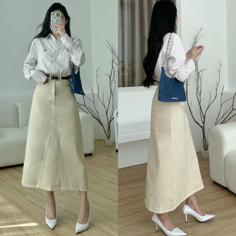 Chân Váy Jean Midi Dáng Chữ A Jean Cotton Xuất Xịn