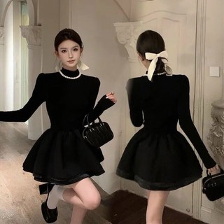 Đầm thun đen tay dài cổ tròn dáng ngắn xòe, đầm nữ thích hợp mặc đi dự tiệc, hẹn hò xinh