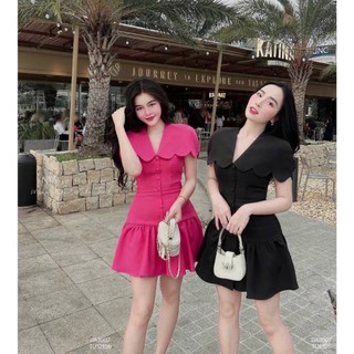 Đầm mini cổ chữ V diềm cổ vai cúc bọc chân váy chữ A xếp ly chất tuyết mưa mềm mại đi làm đi chơi đều đẹp D189