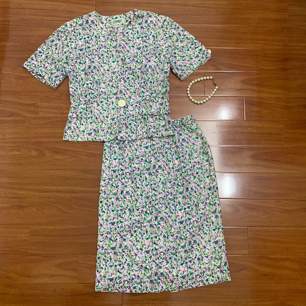 Set công sở mùa hè áo + chân váy kiểu dáng vintage thanh lịch pass