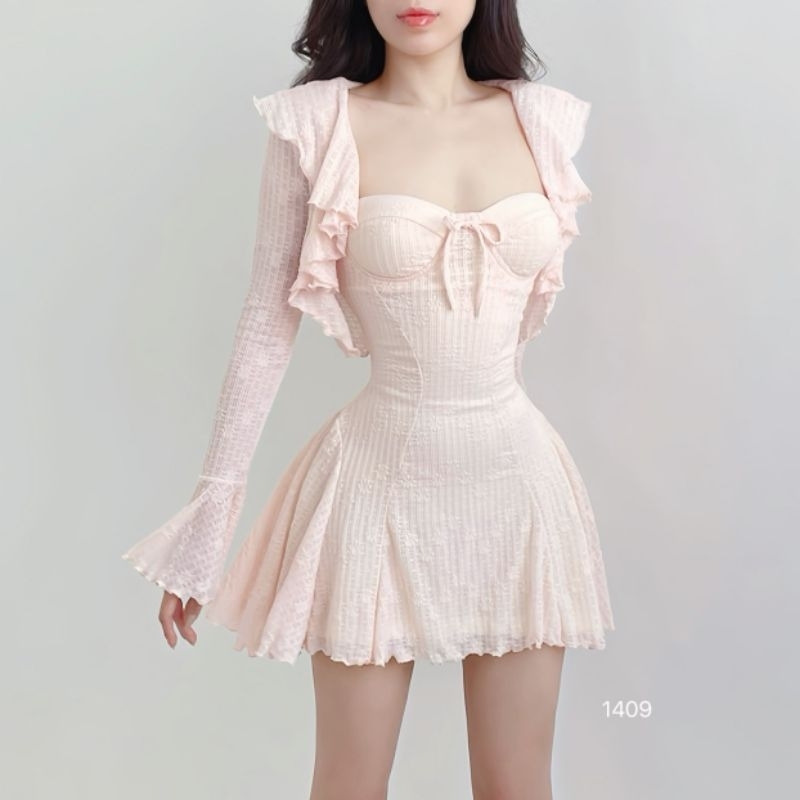 TADstore - Beirus Set áo khoác, đầm dây xòe chất thun ren cao cấp