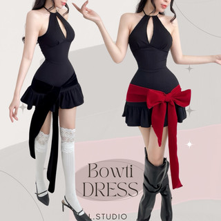 BOWTI - Đầm thun gân cổ yếm mix dây buộc nơ Nhung ấn tượng, thời trang Trendy