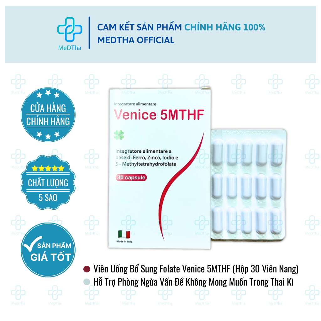 Venice 5-MTHF - Bổ Sung Folate, Hỗ Trợ Sinh Sản, Ngăn Dị Tật Thai Nhi, Sắt, Vitamin Tổng Hợp (Hộp 30 Viên) [Chính Hãng]