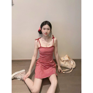 [Sẵn S] Váy hai dây hoạ tiết caro đỏ mùa hè
