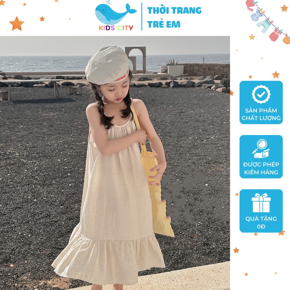Đầm bé gái dáng xòe, màu sắc dễ thương, thiết kế 2 dây mát mẻ, vải cotton siêu mịn | KIDS CITY