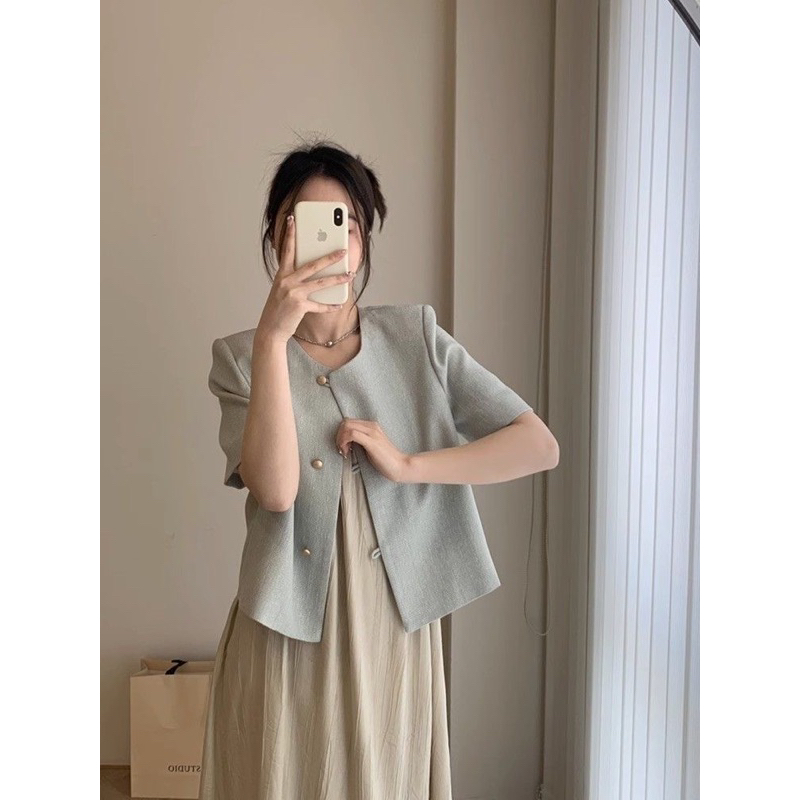 khoác blazer ngắn tay màu xanh mint hàng quảng châu chất dạ tweed mỏng, áo khoác dạ tweed