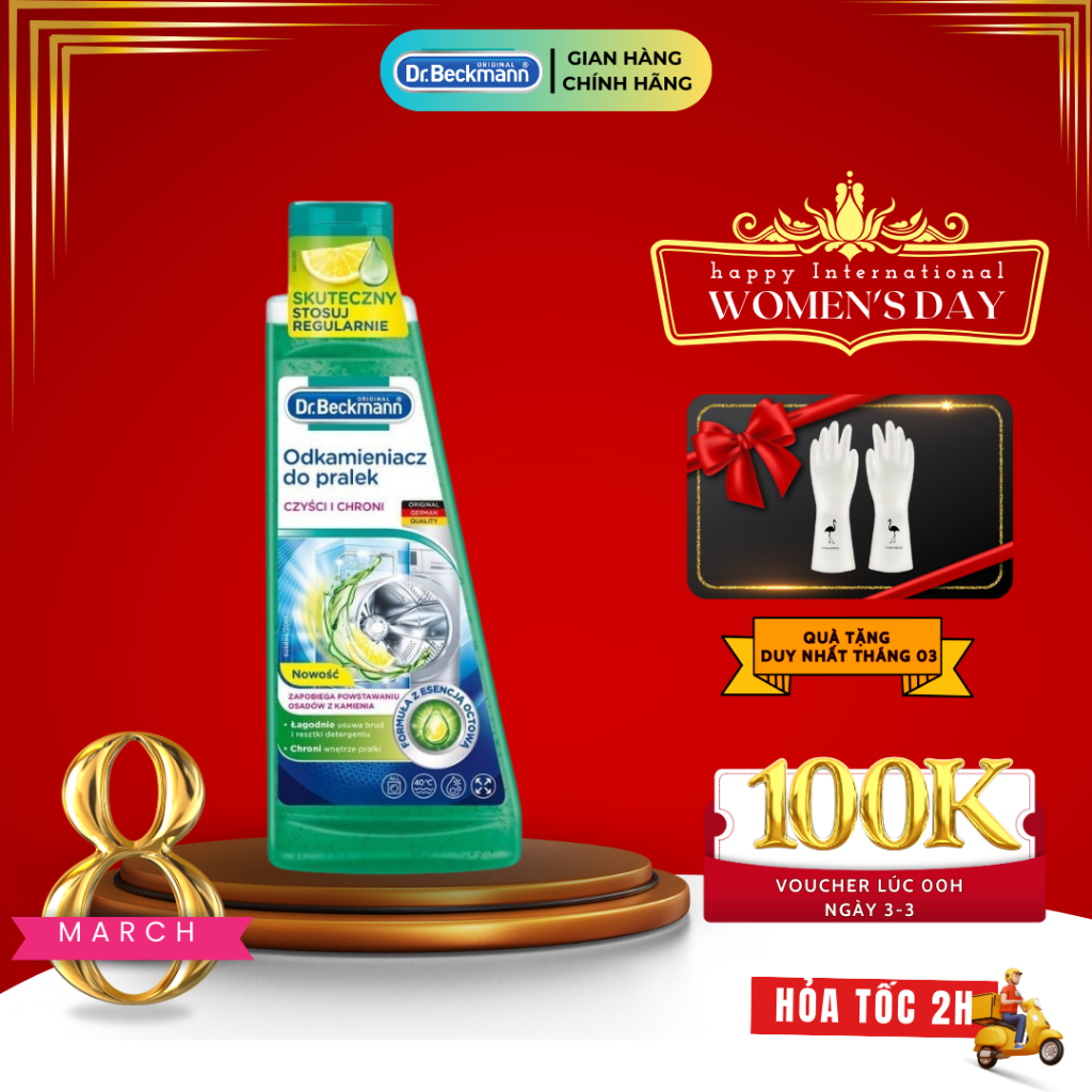 Dung dịch vệ sinh lồng giặt, Tẩy rửa cặn máy giặt Dr.Beckmann 250ml Tinh chất Giấm Chanh nhập khẩu Đức