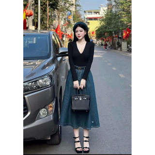 Chân váy Jean xếp ly dáng dài