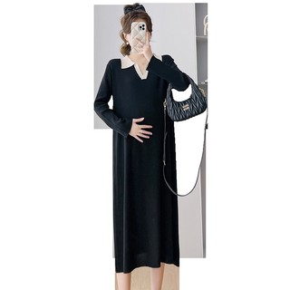 Váy bầu thời trang mùa thu đông chất len đẹp đầm bầu công sở sọc kẻ