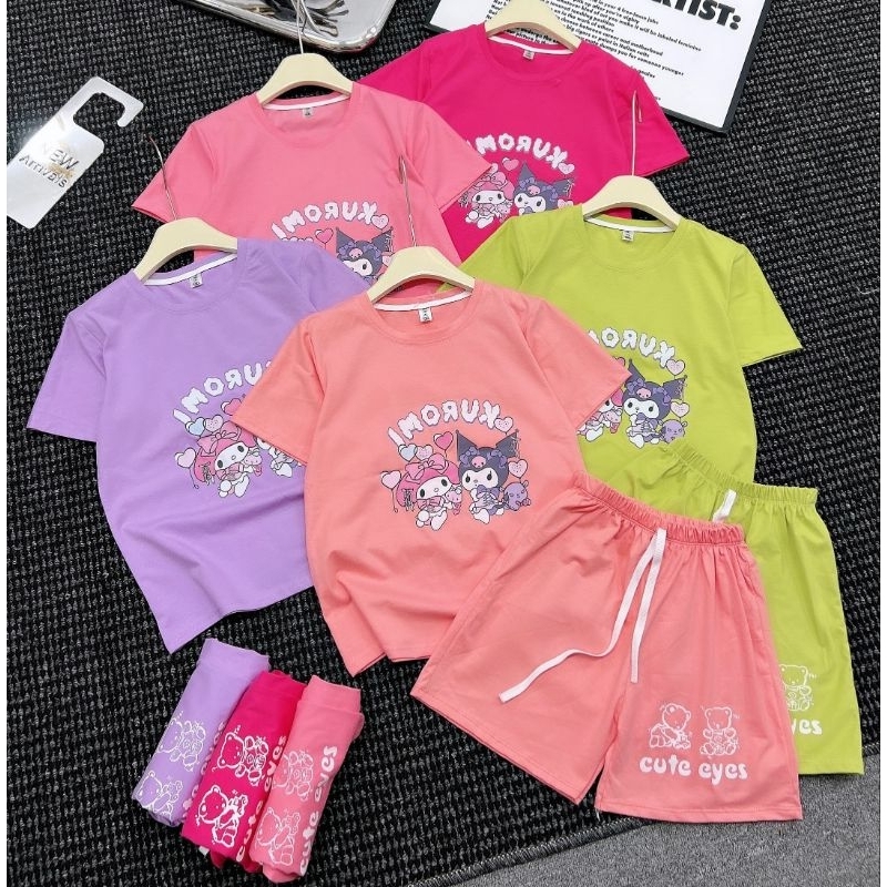 Bộ cộc tay bé gái in gấu size đại 20-40kg chất cotton mịn co giãn