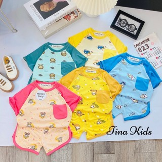    RiO Kids   Bộ cộc tay thun lạnh in họa tiết tràn áo Minky Mom có túi ở áo+ quần phối viền 